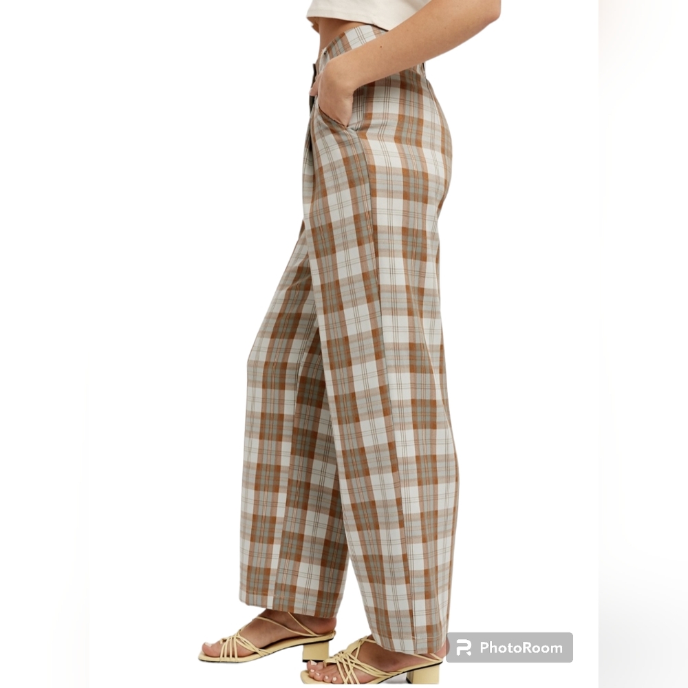 NWT Listicle Size Small Sky Blue Brown Plaid Pleated Wide Leg Trouser Pants - Picture 8 of 16